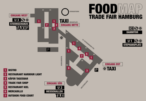 Foodmap - Trade Fair Hamburg - Auf der Karte sind die Umrisse der Hamburg Messe abgebildet. In ihr befinden sich insgesamt 13 Food Locations. 1 ist das Bistro, das sich in den Hallen A3, A4, B2, B4 und B7 befindet. 2 ist das Restaurant Harbour Light zwischen Halle A1 und A4. 3 ist die Käfer Tagesbar in den Hallen A1 und B5. 4 ist der Trade Fair Shop zwischen den Hallen B2 und B3. 5 ist das Restaurant Kiel zwischen den Hallen B3 und B4. 6 ist Mercadillo in Halle B6. 7 ist der Outdoor Food Court zwischen den Hallen A1 und A2.